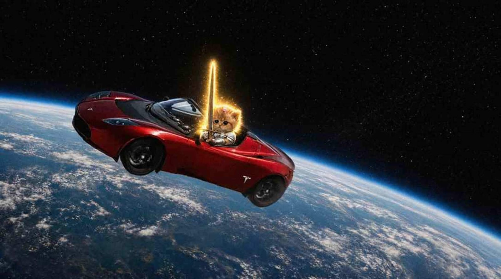 Roadster with the sword kitten floating above Earth