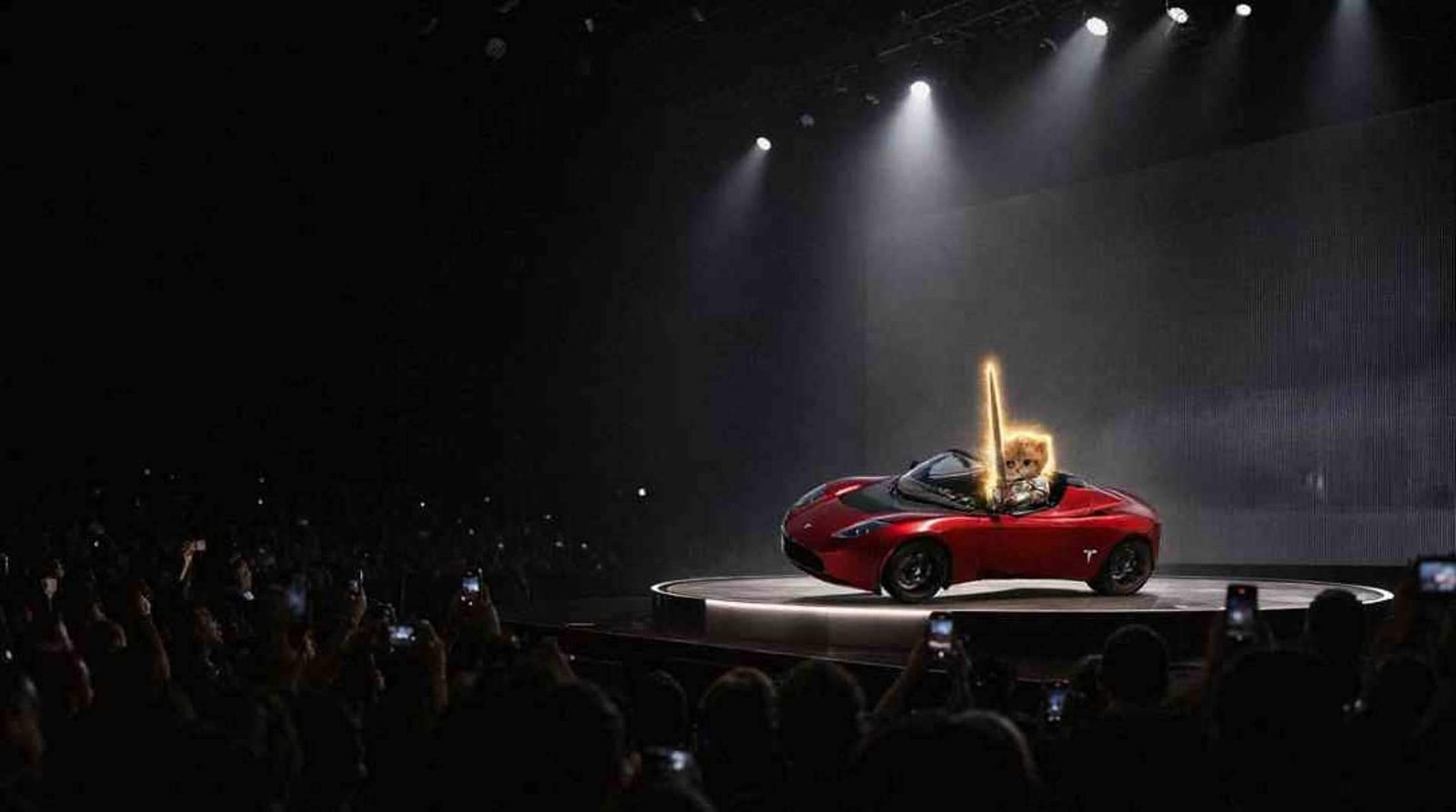 Red roadster on a launch stage with a tiny armored kitten holding a glowing sword